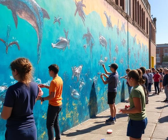 Community members collaborating on a large marine-themed mural inspired by Dublin Bay