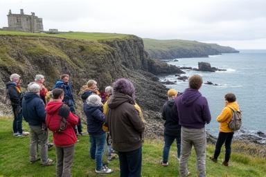 Tour participants listening to a coastal heritage storyteller on a rocky Irish headland