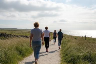 A wellness group practicing mindful walking on a quiet Dublin coastal path
